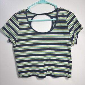 Striped Cropped Juniors Top XL Blue Short Sleeve Open Back Cotton Blend Normcore